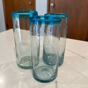 Bubble Glass Highball Tumbler Hand Blown Set of 3 -Blue